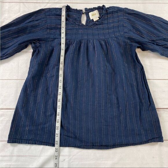 Anthropologie Maeve Navy Striped Long Sleeve Keyhole Back Pleated Blouse Size M - Picture 9 of 9